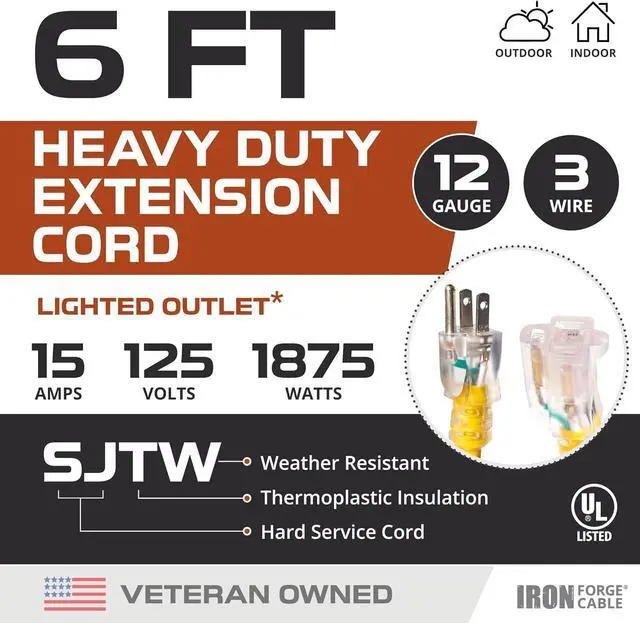 Alt view image 2 of 7 - IRON FORGE CABLE 6 Foot Lighted Outdoor Extension Cord - 12/3 SJTW Heavy Duty Yellow Extension Cable with 3 Prong Grounded Plug for Safety, 15 AMP - Great for Garden and Major Appliances