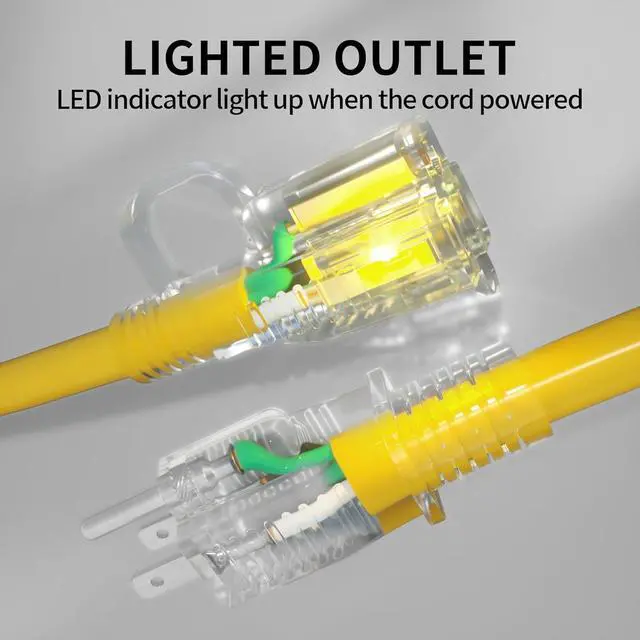 Alt view image 2 of 7 - 50 ft 12/3 Outdoor Extension Cord Waterproof Heavy Duty with Lighted Indicator End 12 Gauge 3 Prong, Flexible Cold-Resistant Long Power Cord Outside, 15Amp 1875W SJTW Yellow ETL Listed