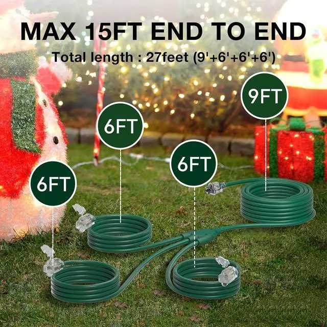 Alt view image 3 of 7 - addlon 27FT Outdoor Extension Cord with Multiple Outlets, 16/3 SJTW Weatherproof Wire with Safety Cover and Indicator Lights, 1 to 3 Splitter for Halloween and Christmas Decorations, ETL Listed