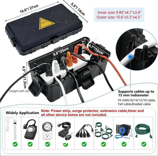 Alt view image 2 of 7 - Hrensaw Medium Outdoor Electrical Box(10.6x5.5x4.5inch),Weatherproof Connection Box w/6 Cable Entry,IP54 Waterproof Extension Cord Cover Protect Power Strip,Timer,Plug,Holiday Lights,Black