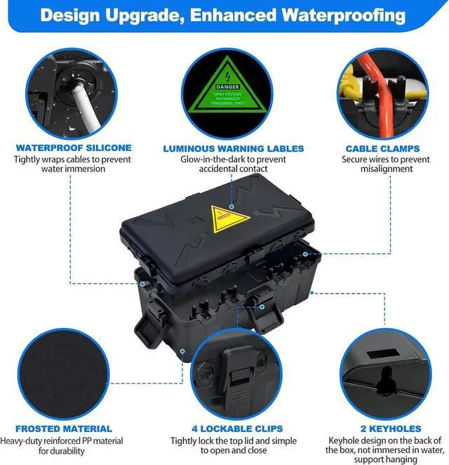 Alt view image 3 of 7 - Hrensaw Medium Outdoor Electrical Box(10.6x5.5x4.5inch),Weatherproof Connection Box w/6 Cable Entry,IP54 Waterproof Extension Cord Cover Protect Power Strip,Timer,Plug,Holiday Lights,Black