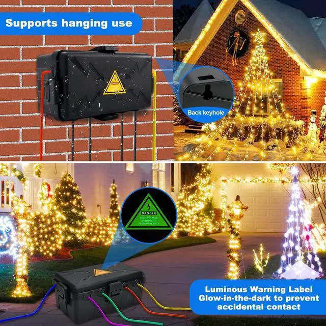 Alt view image 6 of 7 - Hrensaw Medium Outdoor Electrical Box(10.6x5.5x4.5inch),Weatherproof Connection Box w/6 Cable Entry,IP54 Waterproof Extension Cord Cover Protect Power Strip,Timer,Plug,Holiday Lights,Black