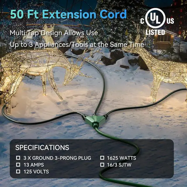 Alt view image 2 of 7 - K KASONIC - 50 Ft Extension Cord with 3 Outlets, UL Listed 16/3 SJTW 3-Wire Grounded, 13A 125V 1625W for Indoor/Outdoor Use - Green