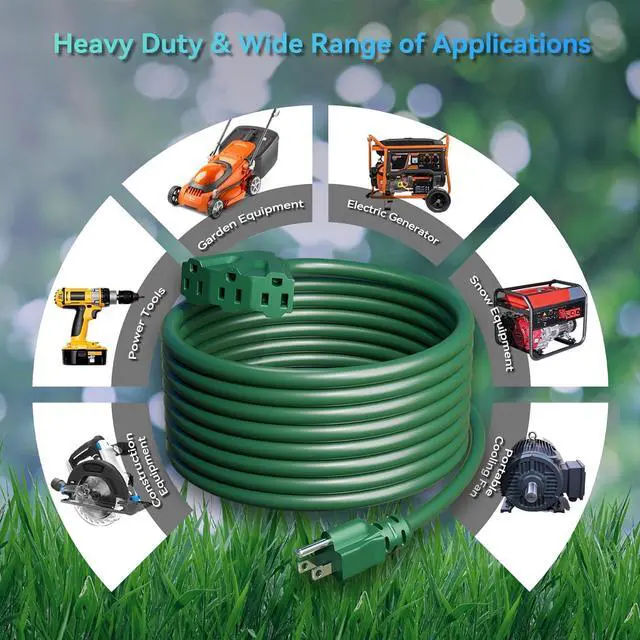 Alt view image 5 of 7 - K KASONIC - 50 Ft Extension Cord with 3 Outlets, UL Listed 16/3 SJTW 3-Wire Grounded, 13A 125V 1625W for Indoor/Outdoor Use - Green