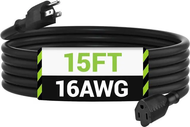 Main image of BN-LINK 15 ft Indoor/Outdoor Extension Cord 16/3 SJTW, Black, Water & Weather Resistant, 3-Prong Grounded Plug for Landscaping & Holiday Decorations, Home & Office, 13A, ETL