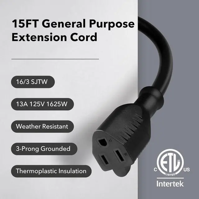 Alt view image 2 of 7 - BN-LINK 15 ft Indoor/Outdoor Extension Cord 16/3 SJTW, Black, Water & Weather Resistant, 3-Prong Grounded Plug for Landscaping & Holiday Decorations, Home & Office, 13A, ETL