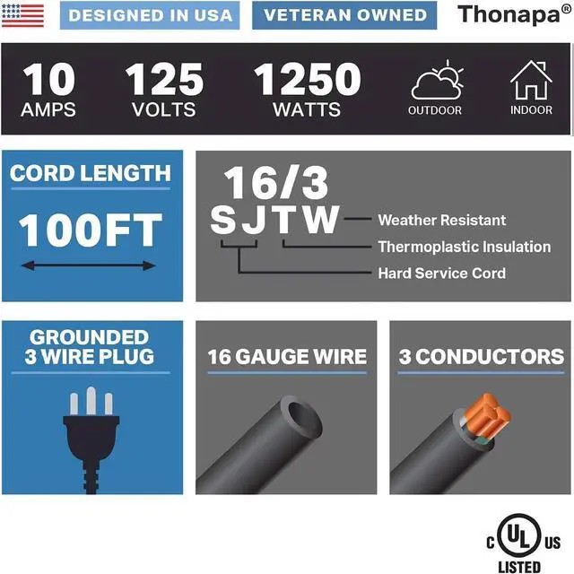 Alt view image 2 of 6 - 100 ft Outdoor Extension Cord, 16/3 SJTW Black Extension Cord 100 Foot 3 Prong, Weatherproof Exterior Power Cable for Outside Lights & Lawn, UL Certified - US Veteran Owned