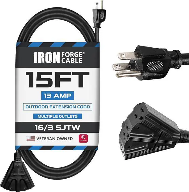 Main image of Iron Forge Cable 15 Ft Black Extension Cord with 3 Outlets - 16/3 SJTW 15 Foot 3 Outlet Outdoor Extension Cord 3 Prong, Weatherproof Exterior Power Cable for Outdoor