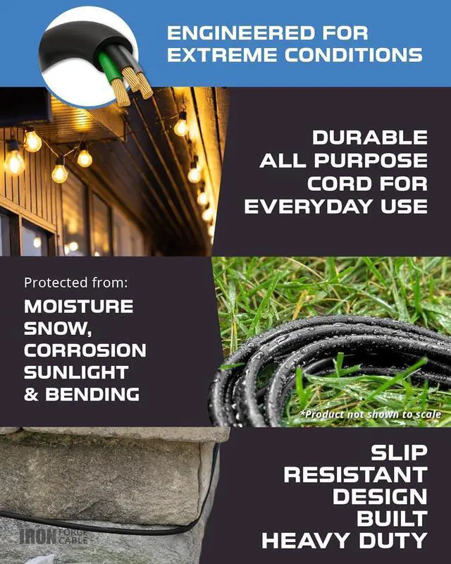 Alt view image 4 of 7 - Iron Forge Cable 15 Ft Black Extension Cord with 3 Outlets - 16/3 SJTW 15 Foot 3 Outlet Outdoor Extension Cord 3 Prong, Weatherproof Exterior Power Cable for Outdoor