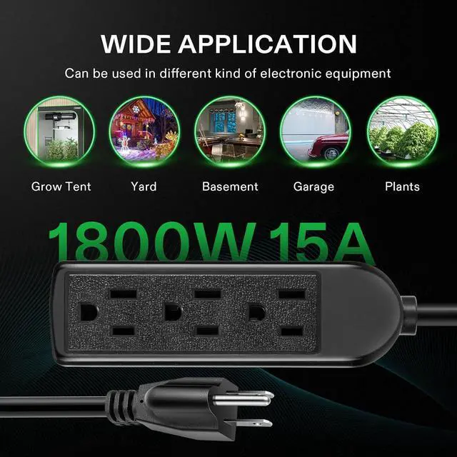 Alt view image 2 of 6 - VIVOSUN 50 ft Extension Cord, 3-Outlet Power Strip with 1800W Surge Protection, 15A 14 AWG, Flat Heavy Duty Extender for Indoor Outdoor Use, Garden Home Office, Black