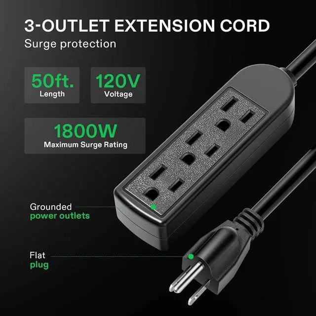 Alt view image 4 of 6 - VIVOSUN 50 ft Extension Cord, 3-Outlet Power Strip with 1800W Surge Protection, 15A 14 AWG, Flat Heavy Duty Extender for Indoor Outdoor Use, Garden Home Office, Black