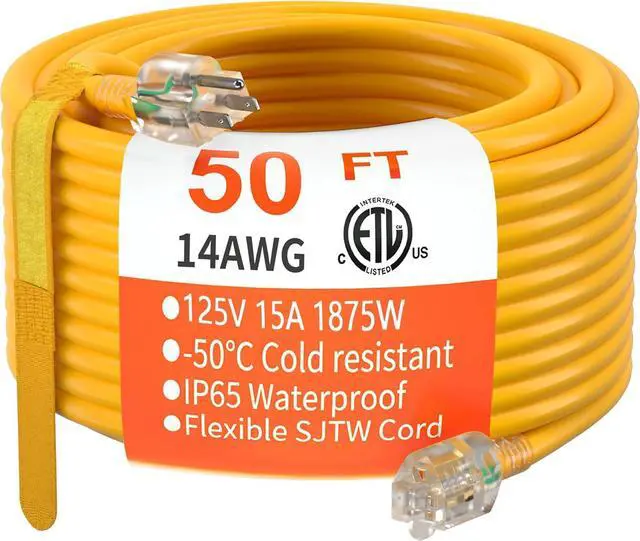 Main image of HUANCHAIN 50 ft 14/3 Gauge Heavy Duty Outdoor Extension Cord Waterproof with Lighted, Flexible Cold Weather 3 Prong Electric Cord Outside, 15A 1875W 125V 14AWG SJTW, Yellow, ETL Listed