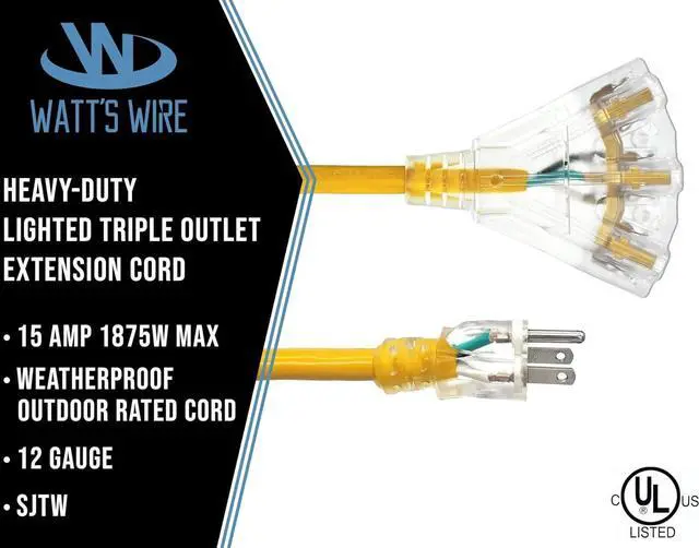 Alt view image 2 of 6 - 15 ft Heavy Duty Extension Cord - 12 Gauge Outdoor Extension_Cord - Lighted Mulitiple Outlets by Watt's Wire - 15' 12-Gauge Grounded 15 Amp Cord - extensiones electricas