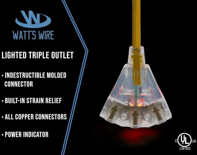 Alt view image 3 of 6 - 15 ft Heavy Duty Extension Cord - 12 Gauge Outdoor Extension_Cord - Lighted Mulitiple Outlets by Watt's Wire - 15' 12-Gauge Grounded 15 Amp Cord - extensiones electricas