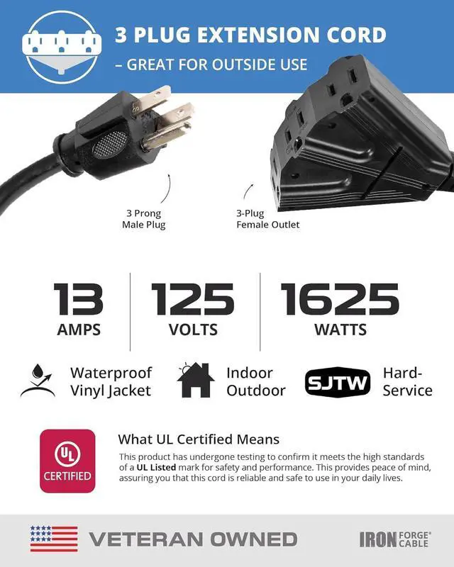 Alt view image 3 of 7 - Iron Forge Cable 15 Ft Black Extension Cord with 3 Outlets - 16/3 SJTW 15 Foot 3 Outlet Outdoor Extension Cord 3 Prong, Weatherproof Exterior Power Cable for Outdoor
