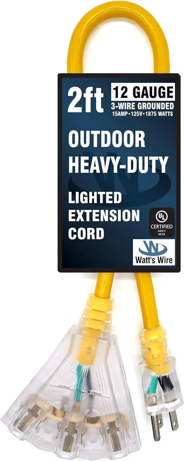 Alt view image 6 of 6 - 2 ft Heavy Duty Extension Cord - 12 Gauge Outdoor Extension_Cord - Lighted Mulitiple Outlets by Watt's Wire - 2' 12-Gauge Grounded 15 Amp Cord Splitter - extensiones electricas