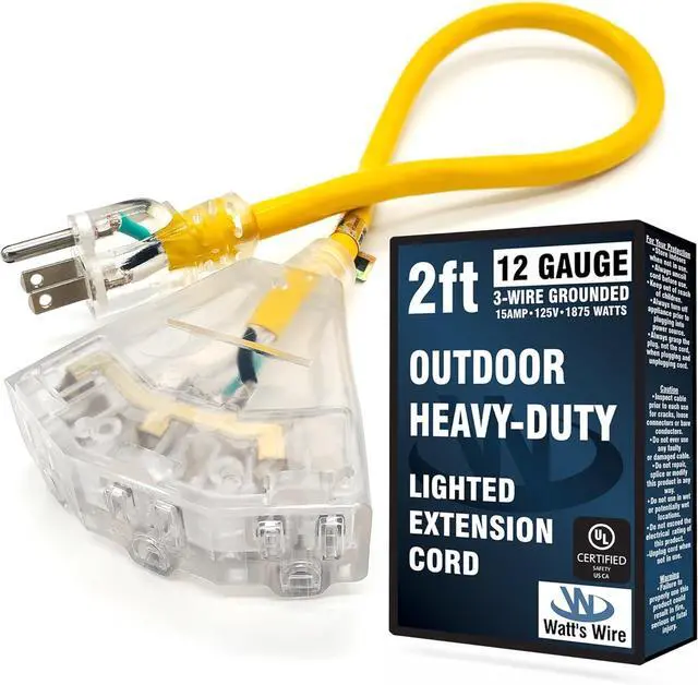Main image of 2 ft Heavy Duty Extension Cord - 12 Gauge Outdoor Extension_Cord - Lighted Mulitiple Outlets by Watt's Wire - 2' 12-Gauge Grounded 15 Amp Cord Splitter - extensiones electricas
