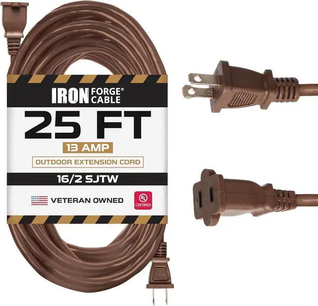Main image of Iron Forge Cable 2 Prong Outdoor Extension Cord 25 ft, 16/2 SJTW 25 Foot Brown Extension Cord, Weatherproof - Great for Outdoor Lights, Deck, Patio