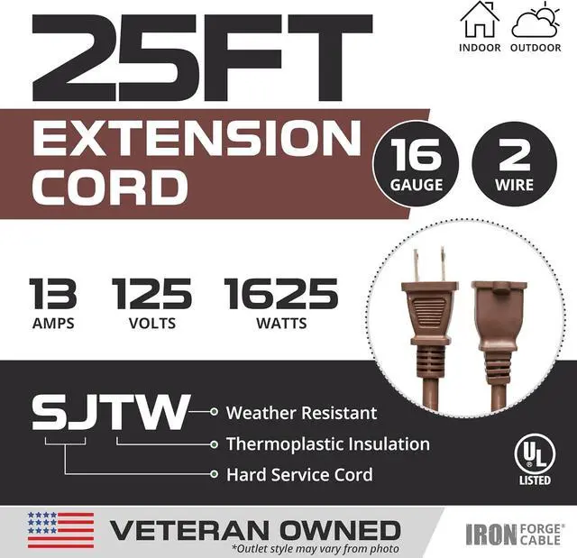 Alt view image 2 of 5 - Iron Forge Cable 2 Prong Outdoor Extension Cord 25 ft, 16/2 SJTW 25 Foot Brown Extension Cord, Weatherproof - Great for Outdoor Lights, Deck, Patio