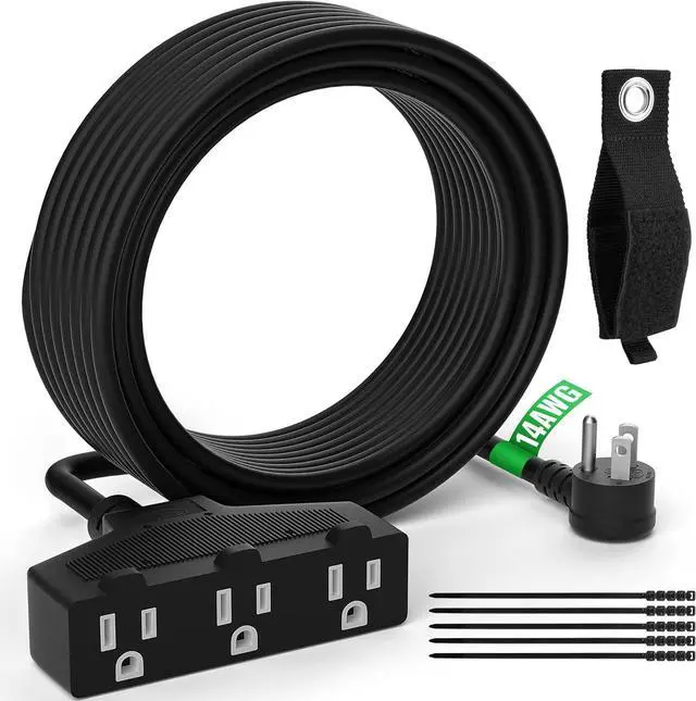 Main image of Outdoor Extension Cord 10 Ft with 3 Outlets, 14/3 SJTW 3 Prong Grounded Power Cord, 14 Gauge 14AWG Heavy Duty Power Cable, ETL Listed, 15 Amp 125 V 1875 W-Multiple Outlets for Indoor/Outdoor-Black