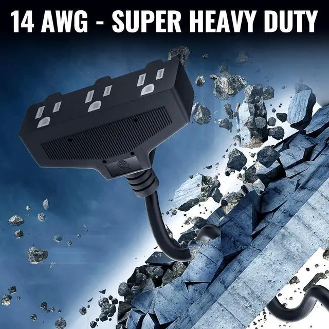 Alt view image 4 of 6 - Outdoor Extension Cord 10 Ft with 3 Outlets, 14/3 SJTW 3 Prong Grounded Power Cord, 14 Gauge 14AWG Heavy Duty Power Cable, ETL Listed, 15 Amp 125 V 1875 W-Multiple Outlets for Indoor/Outdoor-Black