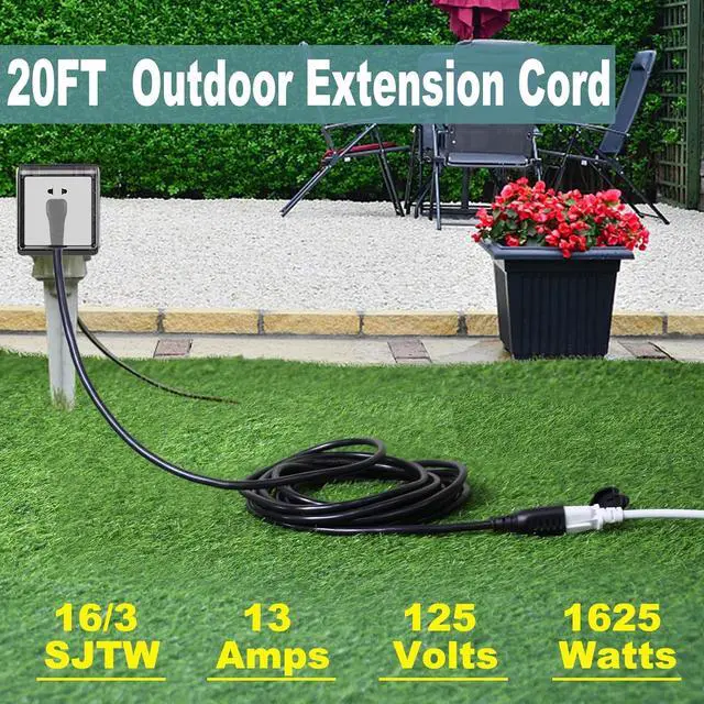 Alt view image 2 of 7 - 20FT Black Outdoor Extension Cord - 16Gauge SJTW Garden Extension with Flat Plug, 1625Watt Weatherproof Resistant Jacket 3Prong Appliance Extension