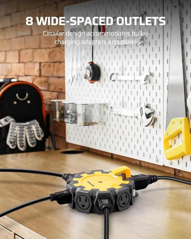 Alt view image 2 of 7 - DEWENWILS Heavy Duty 8 Outlet Power Hub with Swivel Safety Covers, Outdoor Extension Cord Adapter, Resettable 15A Circuit Breaker, for Outdoor Lights, Holiday Decorations, Workshop, Jobsite, Garage