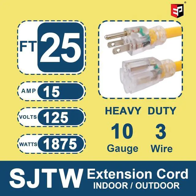 Alt view image 2 of 7 - EP 25 Ft Lighted Outdoor Extension Cord - 10/3 SJTW Heavy Duty Yellow Extension Cable with 3 Prong Grounded Plug for Safety, UL Listed