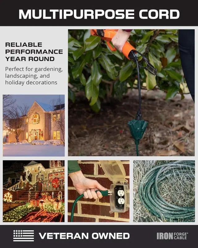 Alt view image 5 of 7 - IRON FORGE CABLE 25 Foot Outdoor Extension Cord with 3 Electrical Power Outlets - 16/3 SJTW Durable Green Extension Cable with 3 Prong Grounded Plug for Safety