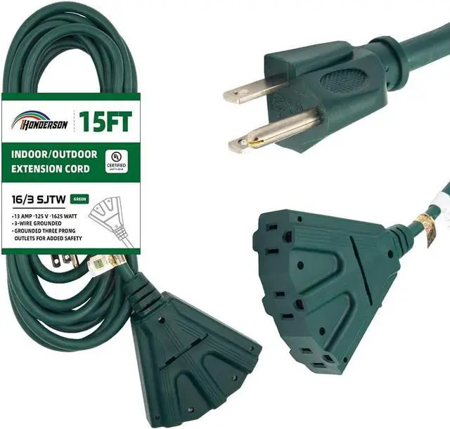 Main image of 3-Outlets Indoor Outdoor Extension Cord Weatherproof, UL Listed, 16 Gauge 15FT Green 3 Prong Heavy Duty, 16/3 SJTW 13A Power Cord