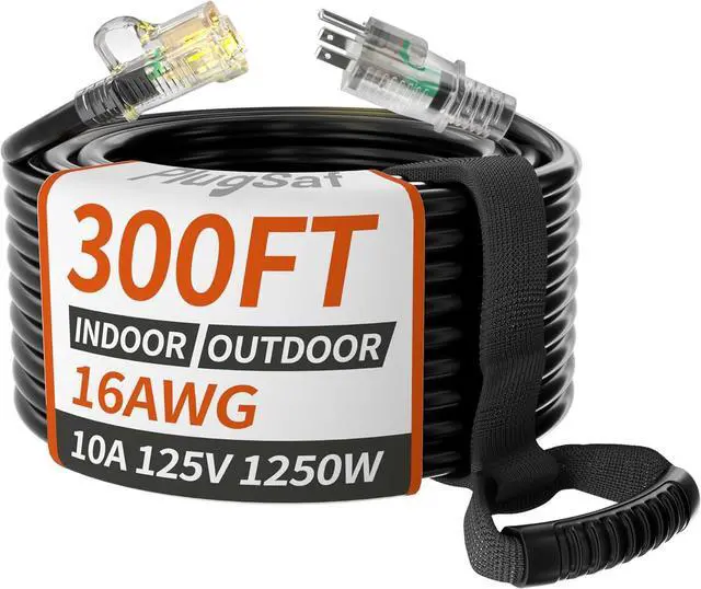 Main image of 16/3 Gauge Black Outdoor Extension Cord 300 ft Waterproof with Lighted Indicator, Cold Weatherproof -40°C, Flexible 3 Prong Long Extension Cord Outside,10A 1250W 16AWG SJTW, ETL Listed