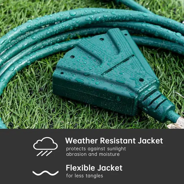 Alt view image 3 of 6 - 3-Outlets Indoor Outdoor Extension Cord Weatherproof, UL Listed, 16 Gauge 15FT Green 3 Prong Heavy Duty, 16/3 SJTW 13A Power Cord