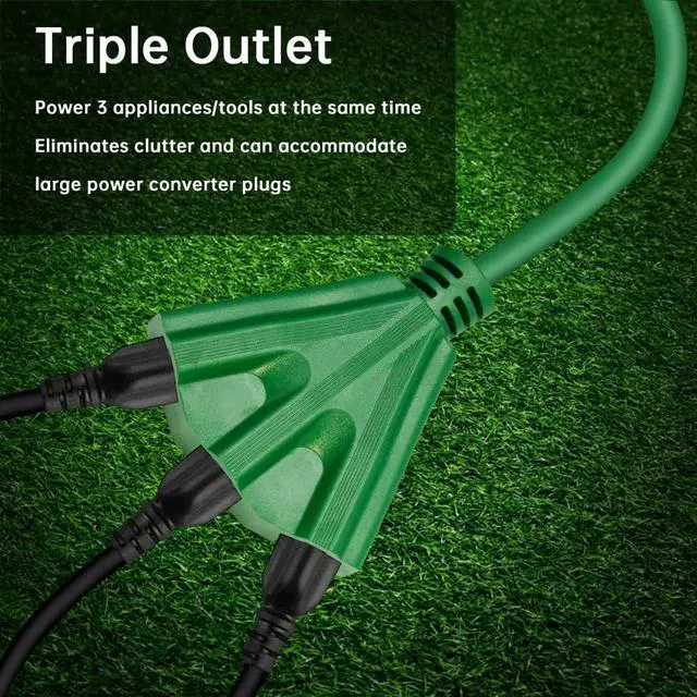 Alt view image 4 of 6 - 3-Outlets Indoor Outdoor Extension Cord Weatherproof, UL Listed, 16 Gauge 15FT Green 3 Prong Heavy Duty, 16/3 SJTW 13A Power Cord