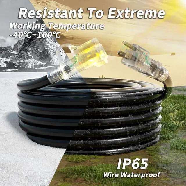 Alt view image 5 of 7 - 16/3 Gauge Black Outdoor Extension Cord 300 ft Waterproof with Lighted Indicator, Cold Weatherproof -40°C, Flexible 3 Prong Long Extension Cord Outside,10A 1250W 16AWG SJTW, ETL Listed