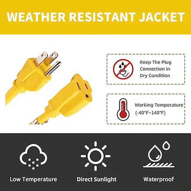 Alt view image 5 of 5 - Indoor/Outdoor Extension Cord, 10 Gauge 8FT Yellow, 3 Prong Heavy Duty, Weatherproof, UL Listed, 15A Power Cord for Outdoor Lights, Appliances, Lawn