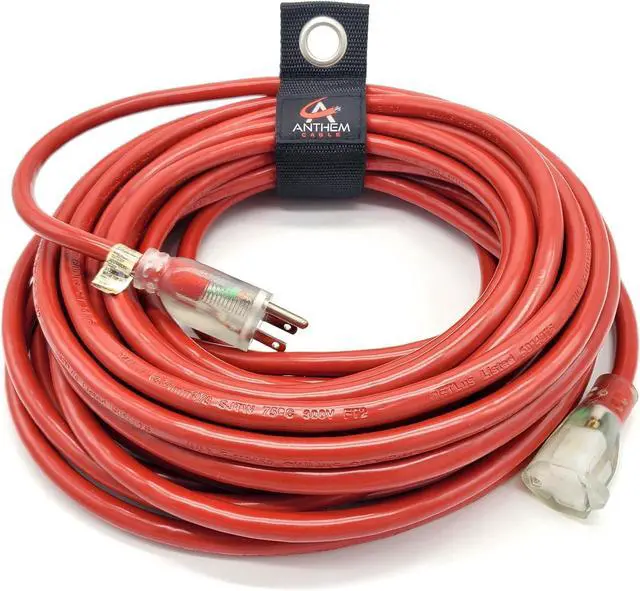 Main image of 50 ft - 12 Gauge Extension Cord Outdoor - Made in USA - Lighted on Both Ends - Red Outdoor Extension_Cord Waterproof by Anthem Cable - Heavy Duty ExtensionCord 50 ft 15 Amp Extension