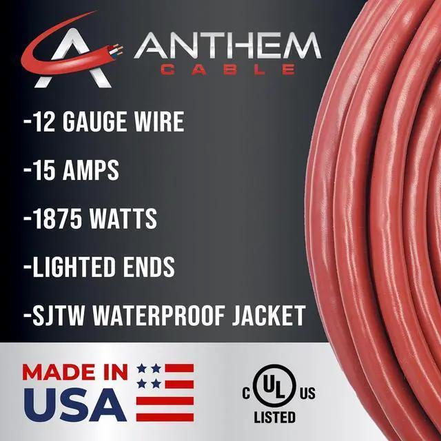 Alt view image 2 of 5 - 50 ft - 12 Gauge Extension Cord Outdoor - Made in USA - Lighted on Both Ends - Red Outdoor Extension_Cord Waterproof by Anthem Cable - Heavy Duty ExtensionCord 50 ft 15 Amp Extension