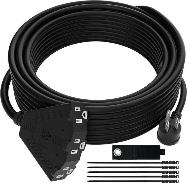 Main image of 14/3 Gauge Heavy Duty Outdoor Extension Cord 25 FT, 90 Degree Angled 3 Prong Plug, 14 Gauge Power Cable with 3 Outlets, 14AWG, 15A, 125V, 1875W, ETL Listed, Black Wire, with Free Carrying Strap+Ties