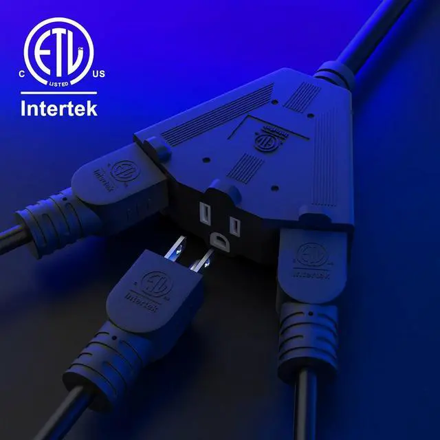 Alt view image 2 of 7 - 14/3 Gauge Heavy Duty Outdoor Extension Cord 25 FT, 90 Degree Angled 3 Prong Plug, 14 Gauge Power Cable with 3 Outlets, 14AWG, 15A, 125V, 1875W, ETL Listed, Black Wire, with Free Carrying Strap+Ties