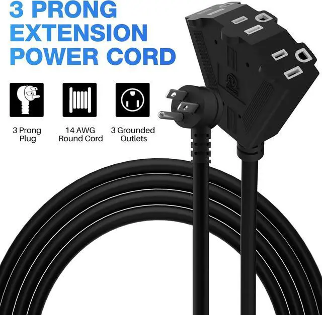 Alt view image 3 of 7 - 14/3 Gauge Heavy Duty Outdoor Extension Cord 25 FT, 90 Degree Angled 3 Prong Plug, 14 Gauge Power Cable with 3 Outlets, 14AWG, 15A, 125V, 1875W, ETL Listed, Black Wire, with Free Carrying Strap+Ties
