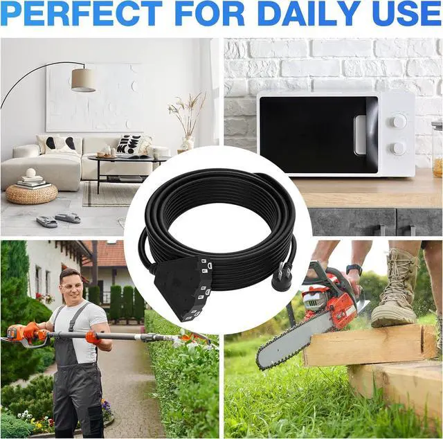 Alt view image 6 of 7 - 14/3 Gauge Heavy Duty Outdoor Extension Cord 25 FT, 90 Degree Angled 3 Prong Plug, 14 Gauge Power Cable with 3 Outlets, 14AWG, 15A, 125V, 1875W, ETL Listed, Black Wire, with Free Carrying Strap+Ties