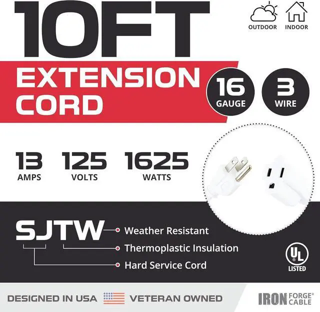 Alt view image 2 of 7 - Iron Forge Cable Weatherproof 10 Ft Outdoor Extension Cord - 16/3 SJTW Heavy Duty White Extension Cord 3 Prong - 13 Amp Exterior Power Cable