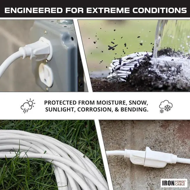Alt view image 5 of 7 - Iron Forge Cable Weatherproof 10 Ft Outdoor Extension Cord - 16/3 SJTW Heavy Duty White Extension Cord 3 Prong - 13 Amp Exterior Power Cable