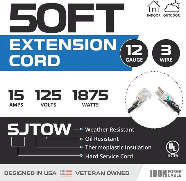 Alt view image 2 of 7 - Iron Forge Cable Oil Resistant 12 Gauge Extension Cord 50 ft, 12/3 SJTOW 50 Foot Heavy Duty Extension Cord Outdoor 3 Prong, 15 Amp Power Cable Black Great for Major Appliance, Farms & Ranches