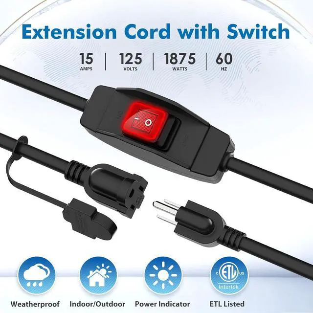 Alt view image 2 of 7 - KASONIC 1.5 FT Extension Cord with Switch, 14/3 AWG Gauge 1875W/15A Grounded Outlets 3 Prong Plugs with Safety Cover, Heavy Duty Cable On/Off Waterproof Switch,ETL Listed