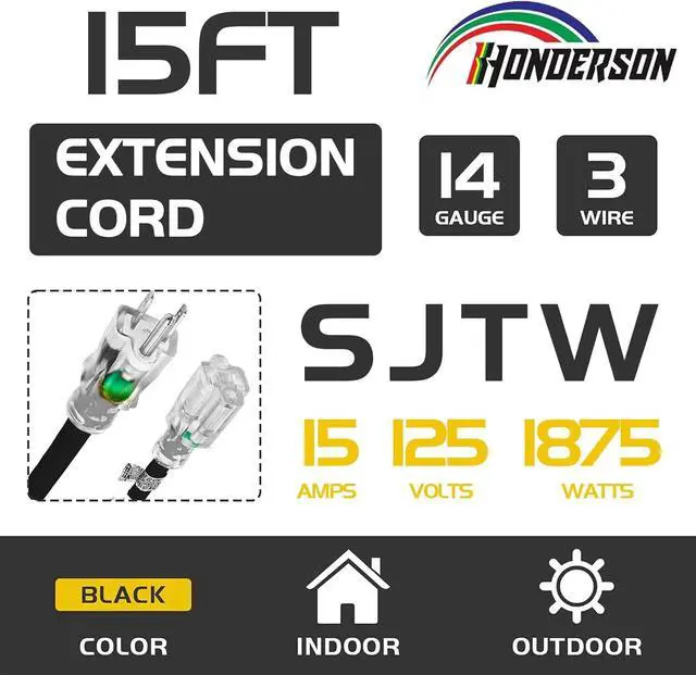 Alt view image 2 of 7 - Indoor Outdoor Extension Cord Weatherproof with Lighted End, UL Listed, 14 Gauge 15FT Black 3 Prong Heavy Duty, 14/3 SJTW 15A Power Cord for Outdoor Lights, Lawn