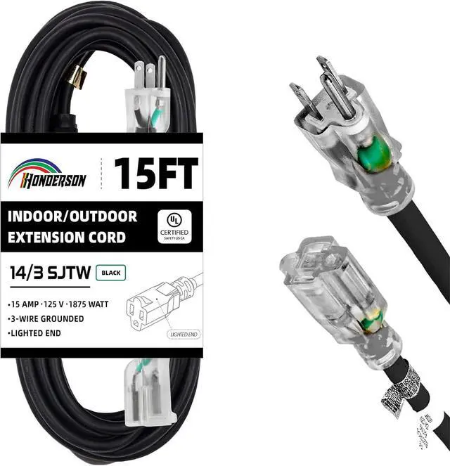 Main image of Indoor Outdoor Extension Cord Weatherproof with Lighted End, UL Listed, 14 Gauge 15FT Black 3 Prong Heavy Duty, 14/3 SJTW 15A Power Cord for Outdoor Lights, Lawn