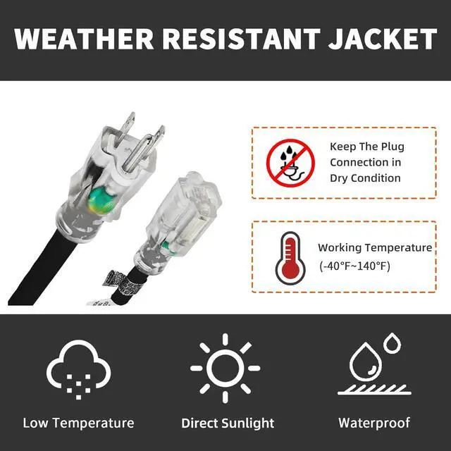 Alt view image 7 of 7 - Indoor Outdoor Extension Cord Weatherproof with Lighted End, UL Listed, 14 Gauge 15FT Black 3 Prong Heavy Duty, 14/3 SJTW 15A Power Cord for Outdoor Lights, Lawn