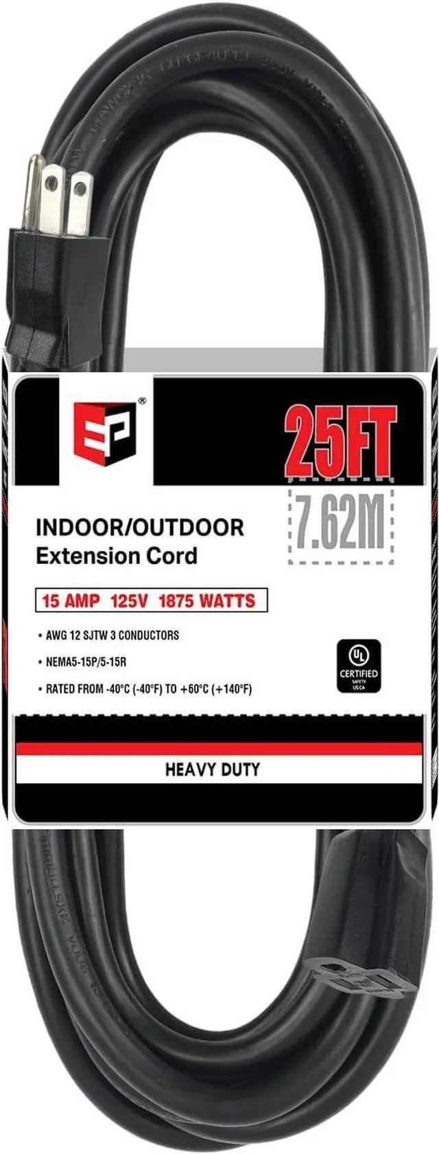 Main image of EP 25 Ft Outdoor Extension Cord - 12/3 SJTW Heavy Duty Black Extension Cable with 3 Prong Grounded Plug - Power Cord for Lawn, Garden, Appliances