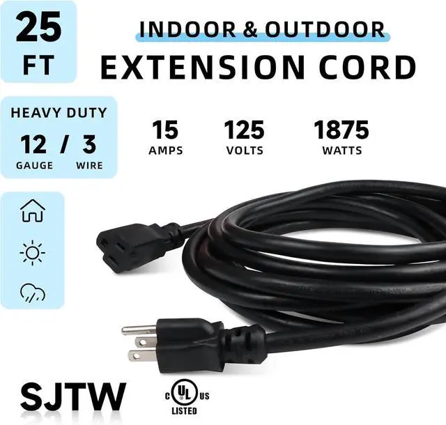 Alt view image 2 of 7 - EP 25 Ft Outdoor Extension Cord - 12/3 SJTW Heavy Duty Black Extension Cable with 3 Prong Grounded Plug - Power Cord for Lawn, Garden, Appliances